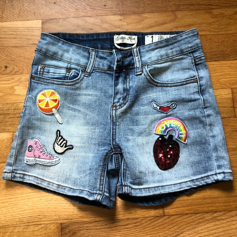 Distressed Jean Shorts with Patches, Size 1